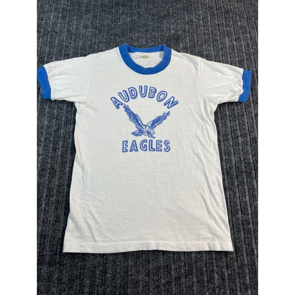 Vintage Ringer Tee T-Shirt Kids 14-16 White Blue Audubon Eagles Screen Stars